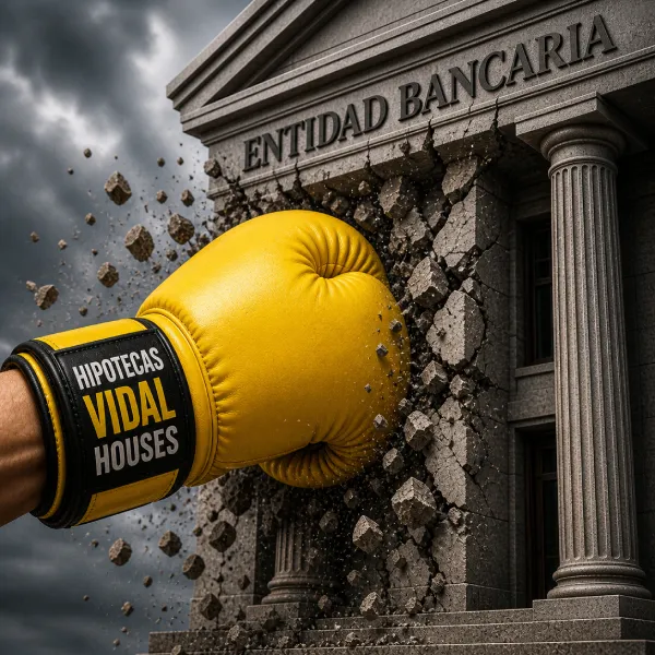 Un guante de boxeo amarillo de Hipotecas Vidal Houses golpea la fachada de una entidad bancaria